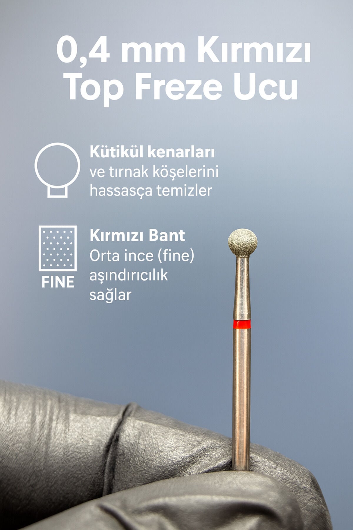 Rulia 0,4 mm Kırmızı Top Freze Ucu Profesyonel Manikür & Pedikür İçin Hassas Temizlik - Renk: Kırmızı