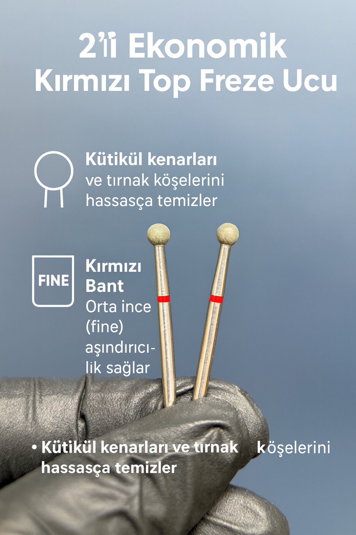 Rulia 2li Ekonomik 0,4 mm Kırmızı Top Freze Ucu Hassas Kütikül ve Tırnak Köşe Temizliği