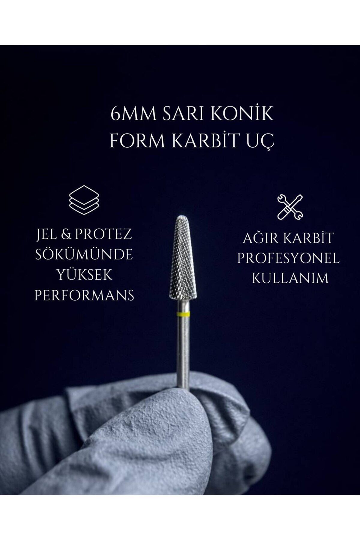Rulia 6 mm Sarı Konik Karbit Freze Ucu Jel ve Protez Sökümde Kontrollü