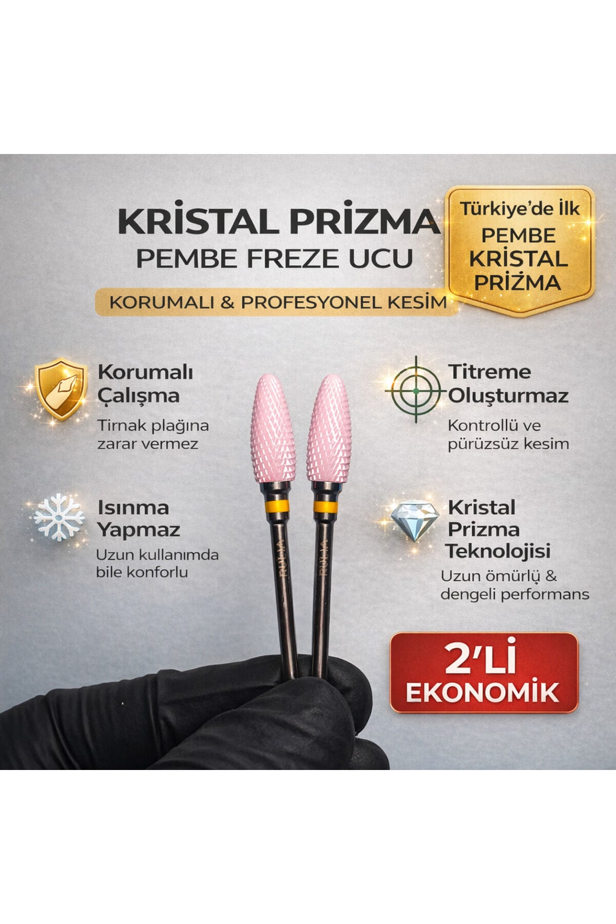 Pembe Seramik Freze Ucu | Kristal Prizma Karbit | Sarı Bant Kontrollü Kesim 2li
