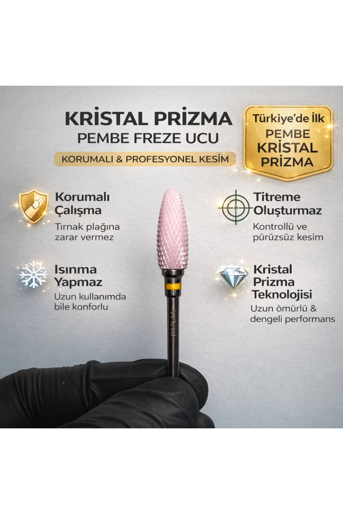 Pembe Seramik Freze Ucu | Kristal Prizma Karbit | Sarı Bant Kontrollü Kesim