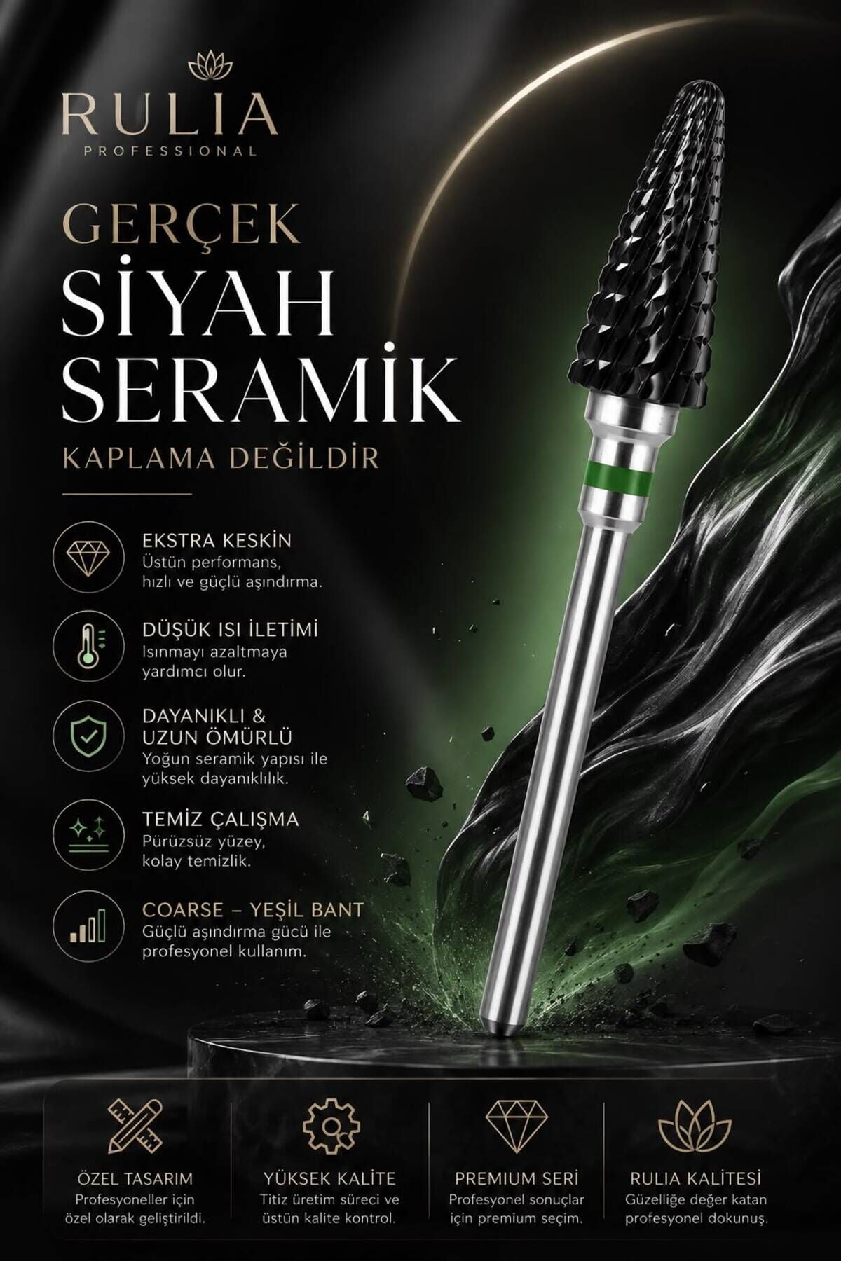 Siyah Seramik Freze Ucu Yeşil Bant Ağır Karbit Yapı Hızlı Jel ve Protez Tırnak Söküm