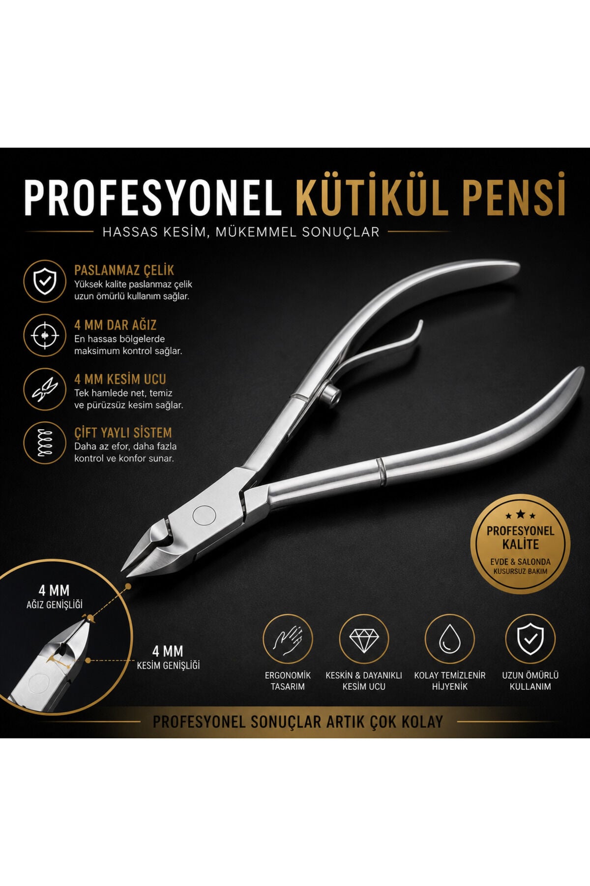 Profesyonel Kütikül Pensi 4 mm Kısa Uç - 4 mm Dar Ağız - Paslanmaz Çelik Hassas Kesim