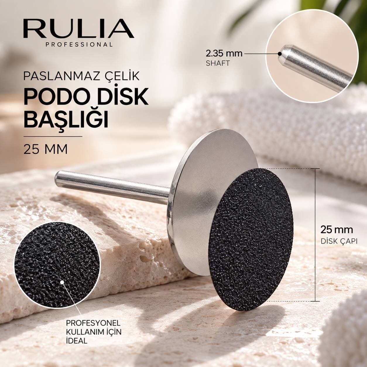 25 mm Paslanmaz Çelik Podo Disk Başlık | Ayak Törpüleme Pedi Ucu 2.35 mm Şaft