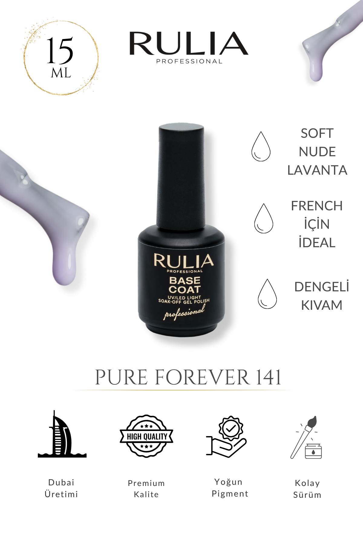 Rulia Lila Nude Base Coat Pure Forever 141 | 15 ml | Yarı Opak Soğuk Ton UV/LED