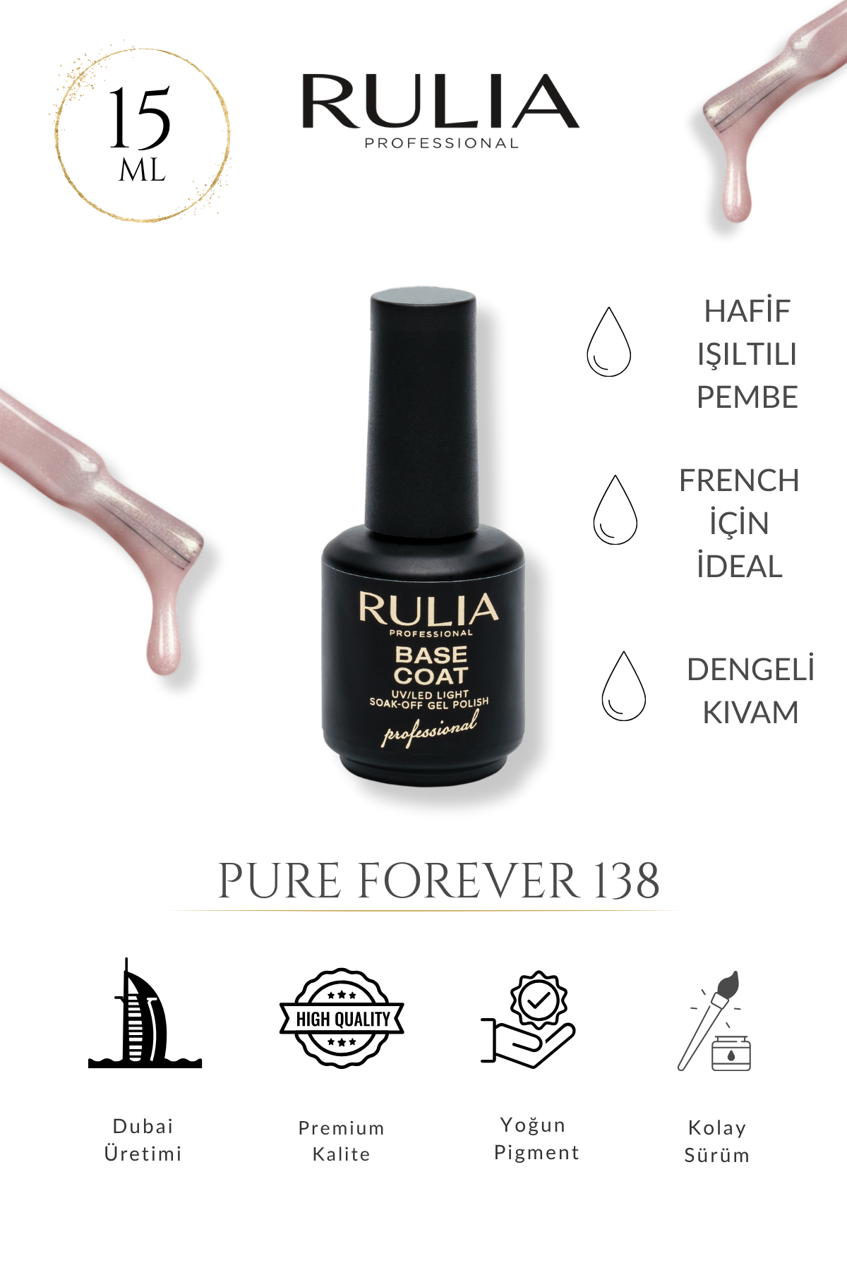 Rulia Nude Pembe Base Coat Pure Forever 138 | 15 ml | Altın Mikro Simli UV/LED