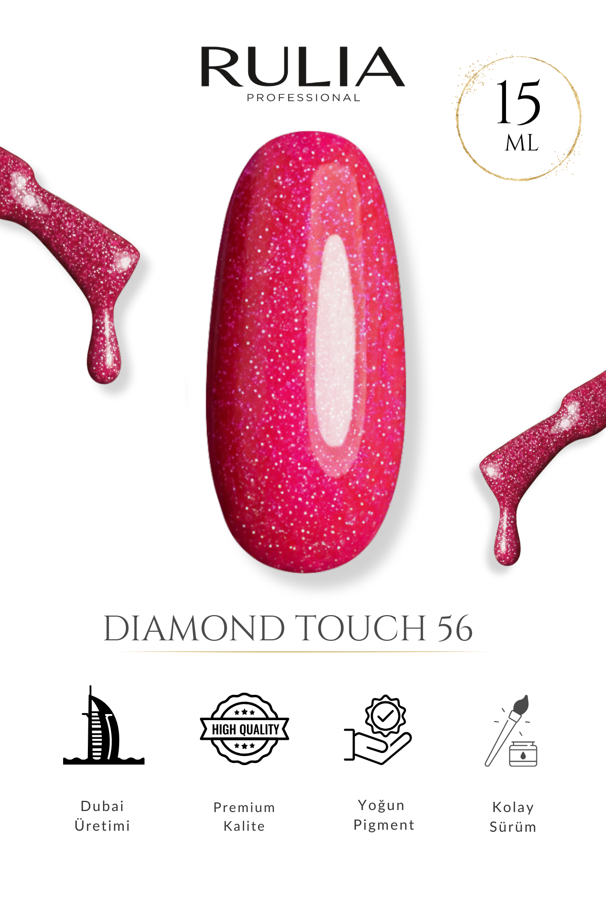 Rulia Diamond Touch 56 Kırmızı Simli Kalıcı Oje 15 ml