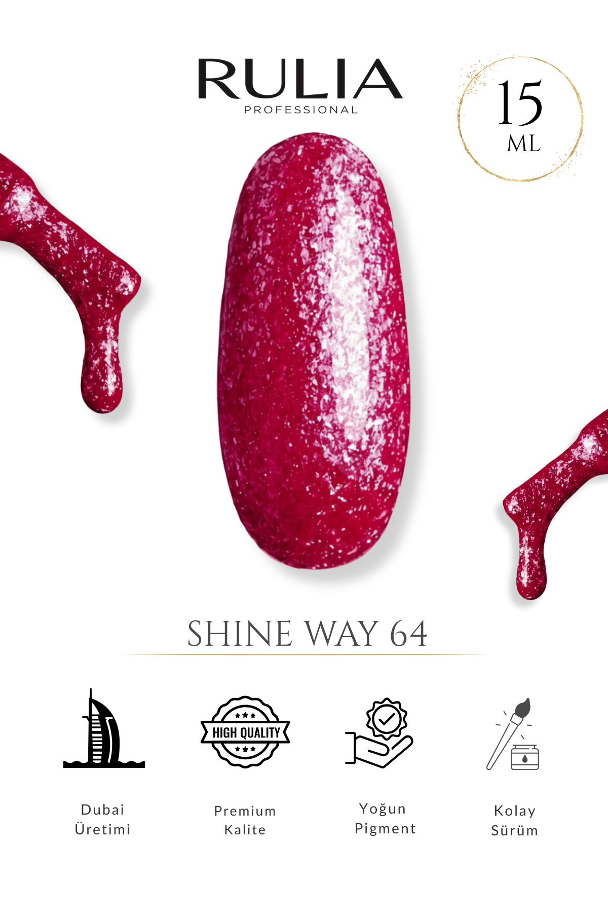 Rulia Shine Way 64 Simli Pembe Kalıcı Oje 15 ml