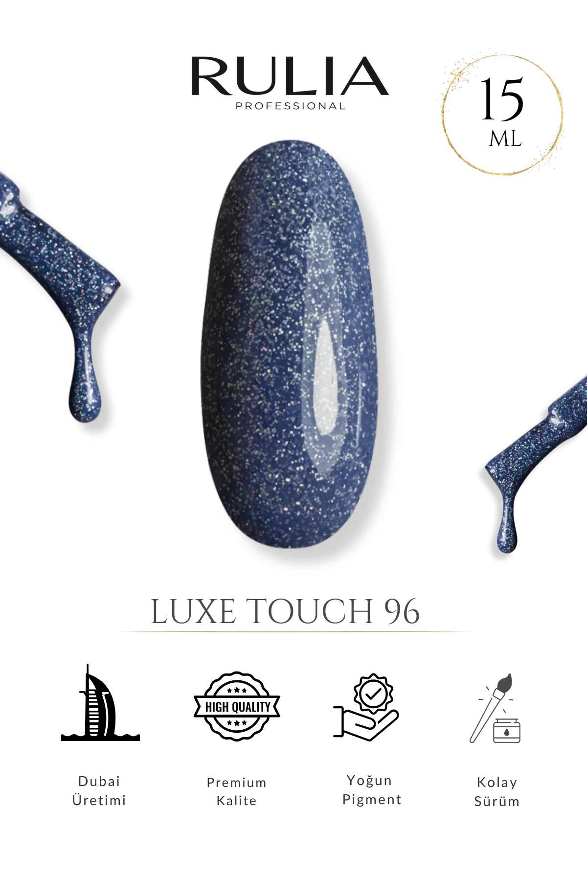Rulia Luxe Touch 96 Simli Koyu Mavi Kalıcı Oje 15 ml