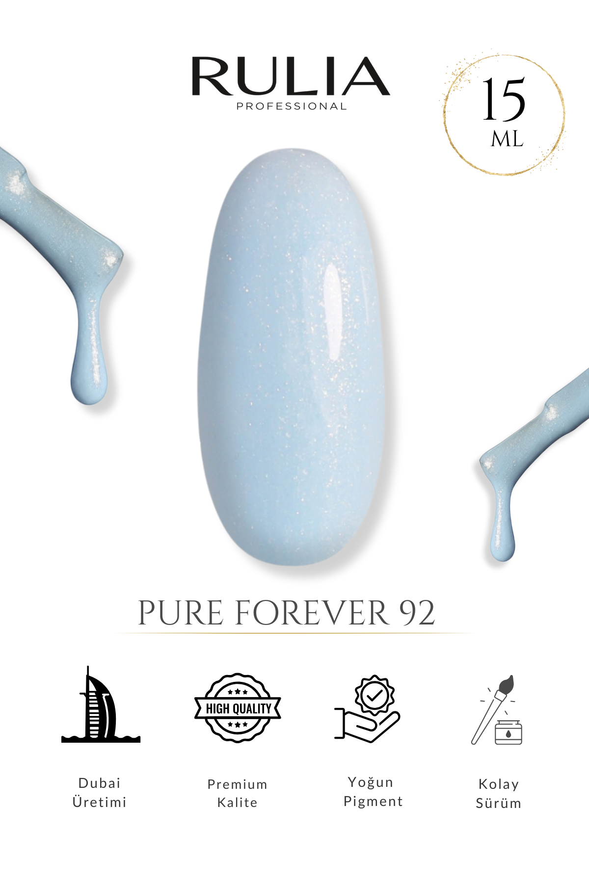 Rulia Pure Forever 92 Altın Işıltılı Buz Mavisi Oje 15 ml