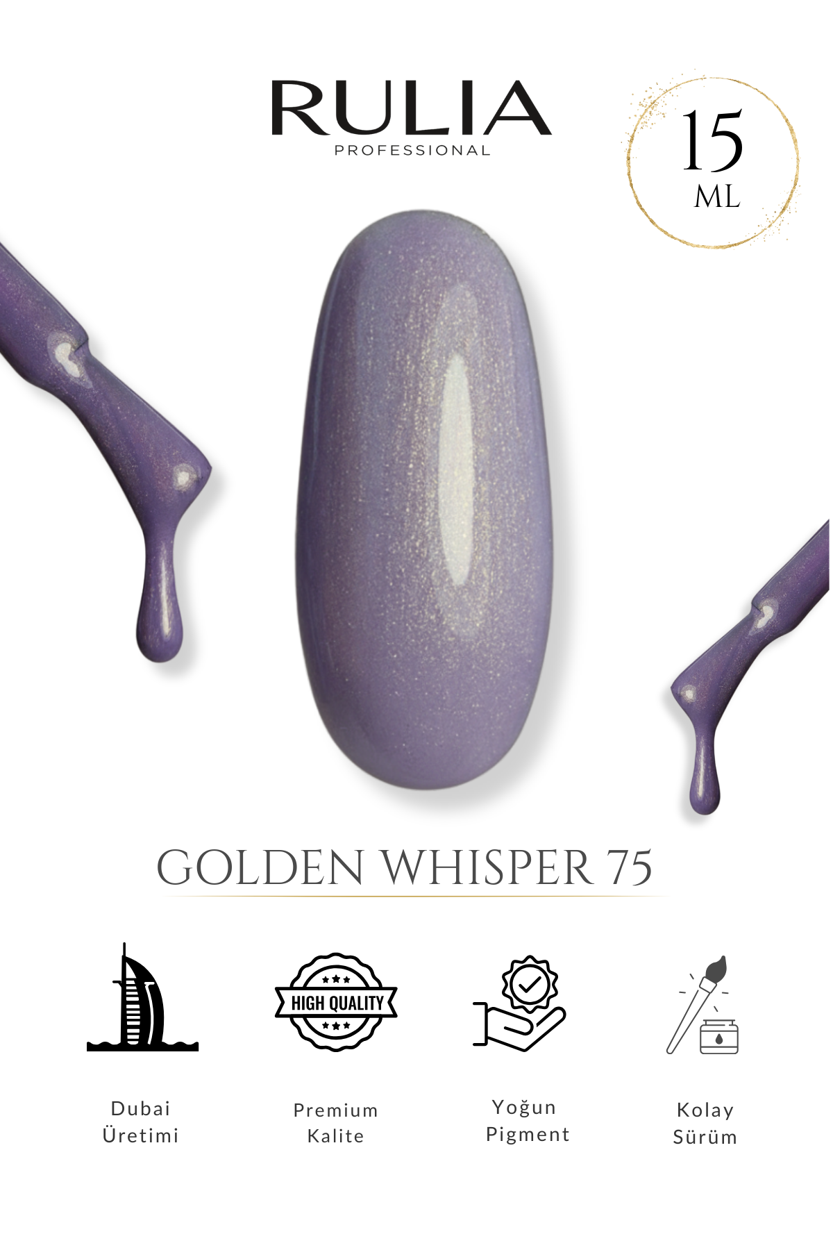 Rulia Golden Whisper 75 Altın Işıltılı Lila Kalıcı Oje 15 ml