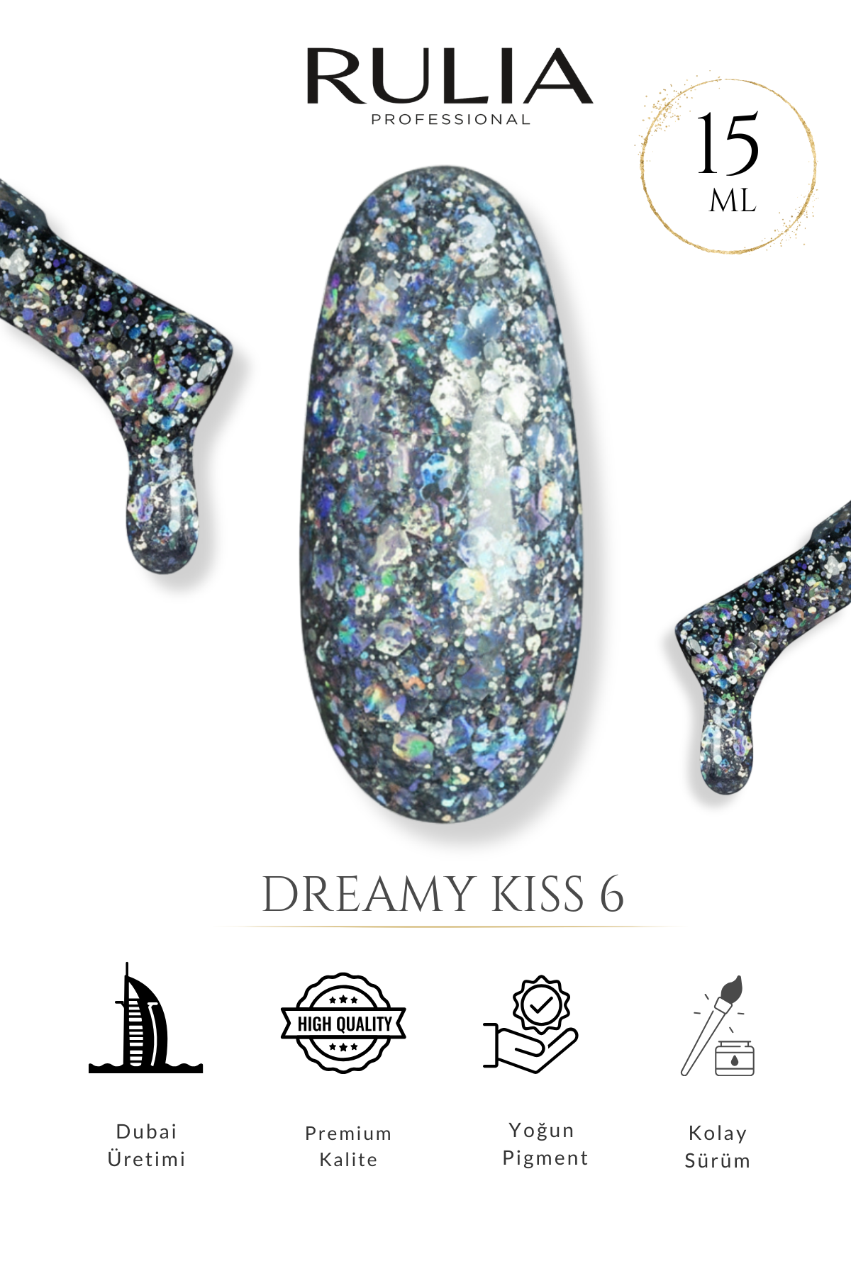 Rulia Dreamy Kiss 6 Şeffaf Simli Kalıcı Oje 15 ml