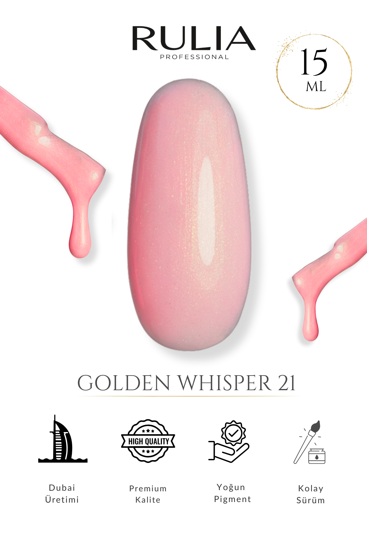 RULIA Golden Whisper 21 Altın Işıltılı Pembe Kalıcı Oje 15 ml