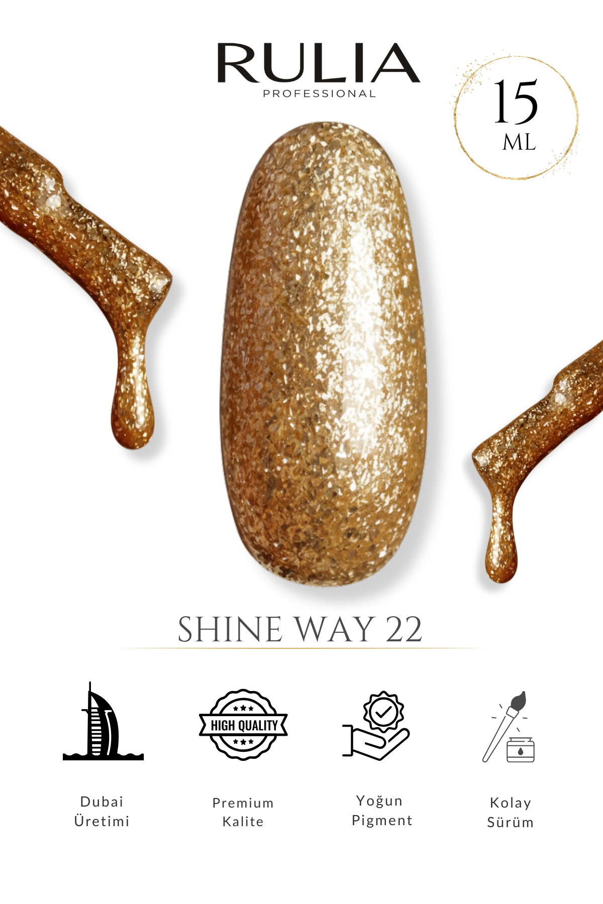 RULIA Shine Way 22 Altın Simli Kalıcı Oje 15 ml
