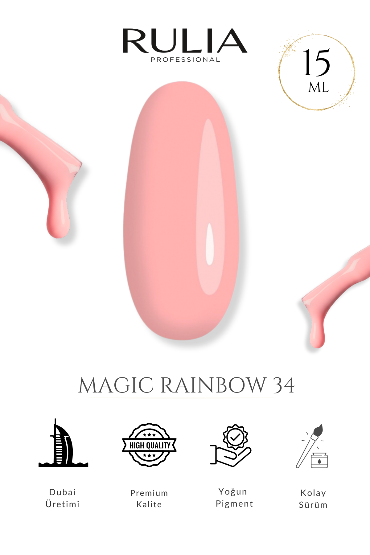 RULIA Magic Rainbow 034 Mercan Pembe Kalıcı Oje 15 ml