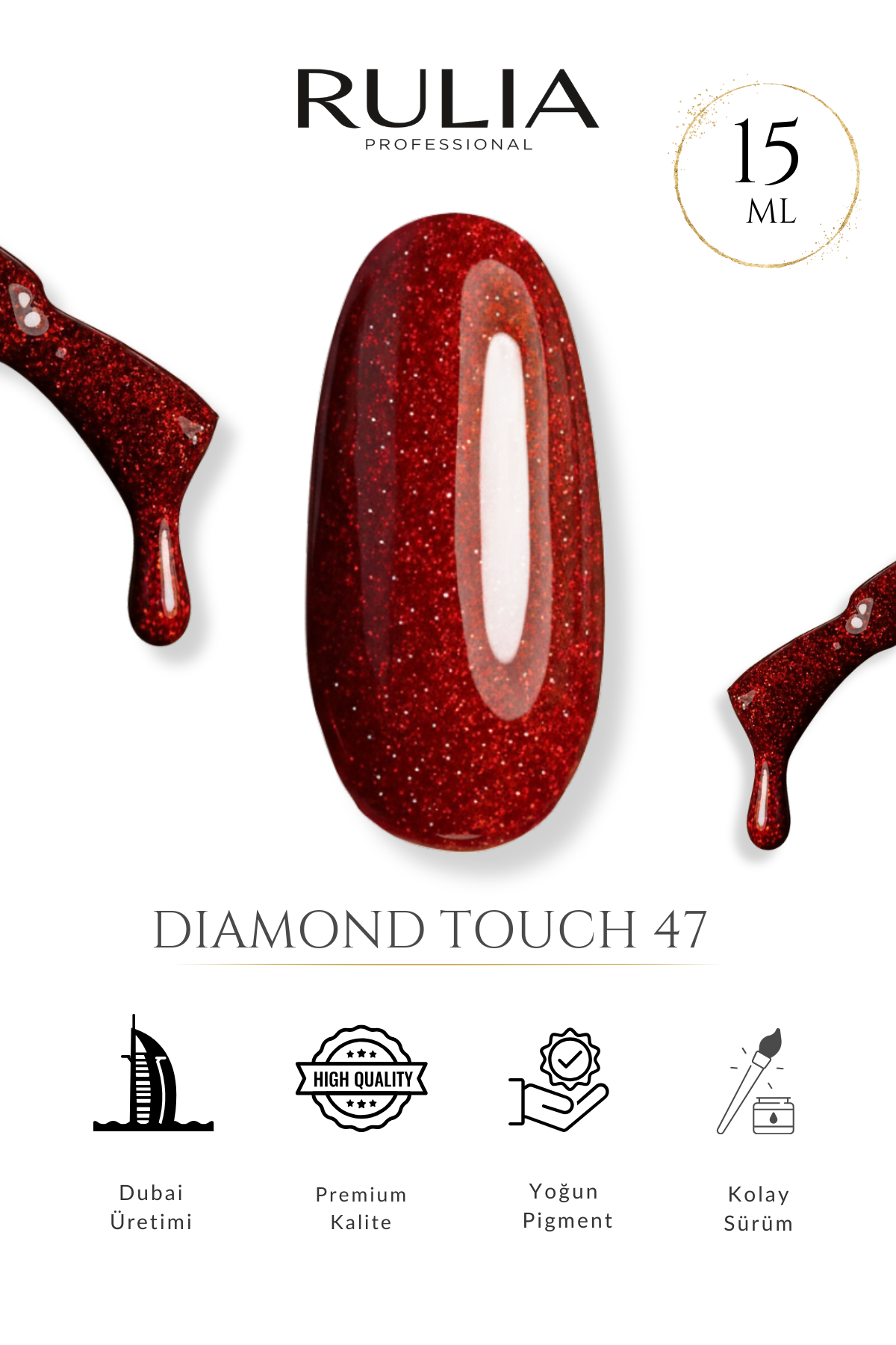 Rulia Diamond Touch 47 Simli Kırmızı Kalıcı Oje 15 ml
