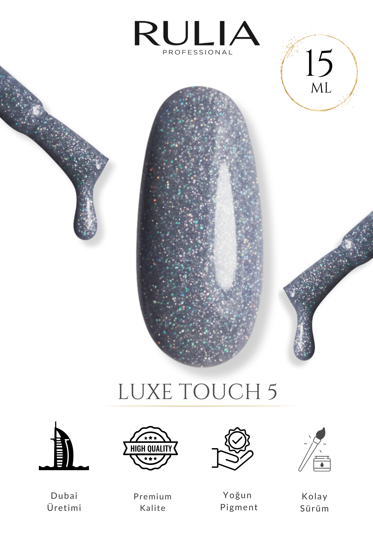 Rulia Luxe Touch 5 Gri Mor Simli Kalıcı Oje 15 ml