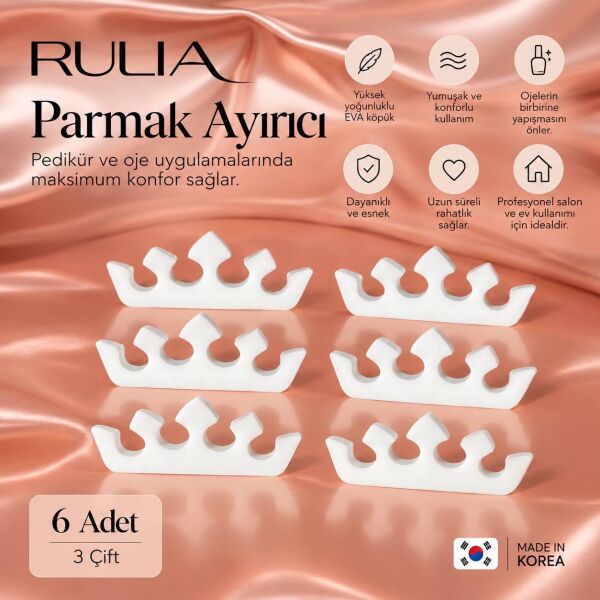 Rulia Ayak Ayırıcı 6'lı Set (3 Çift) | Yumuşak Sünger Pedikür Parmak Ayırıcı | Esnek ve Hijyenik