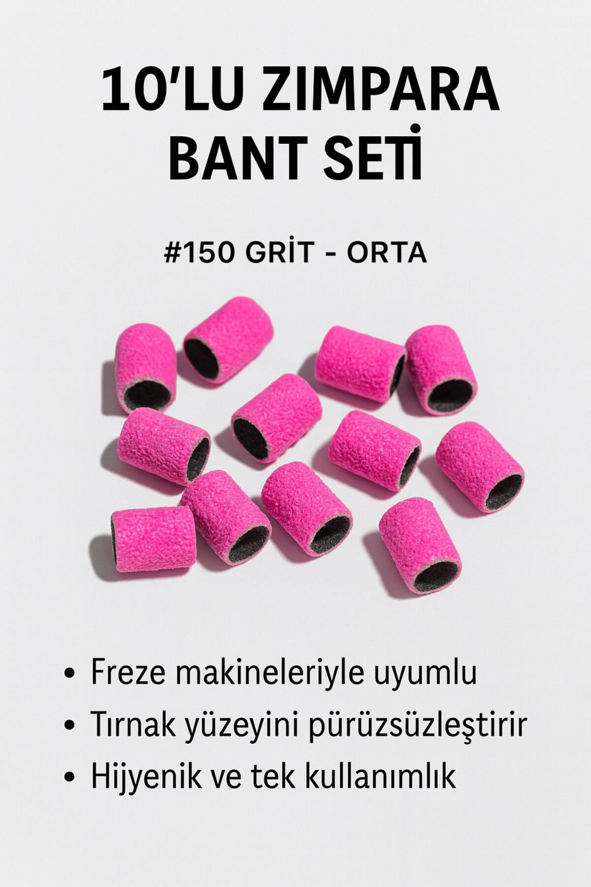 RULIA #150 Grit Zımpara Bant 10lu Set Freze Uyumlu, Jel ve Kalıcı Oje Çıkarma İçin Profesyonel