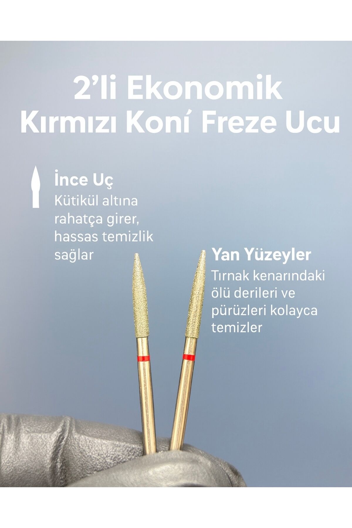 Rulia 2li Ekonomik Kırmızı Koni Freze Ucu Hassas Kütikül ve Yan Temizlik (Fine)