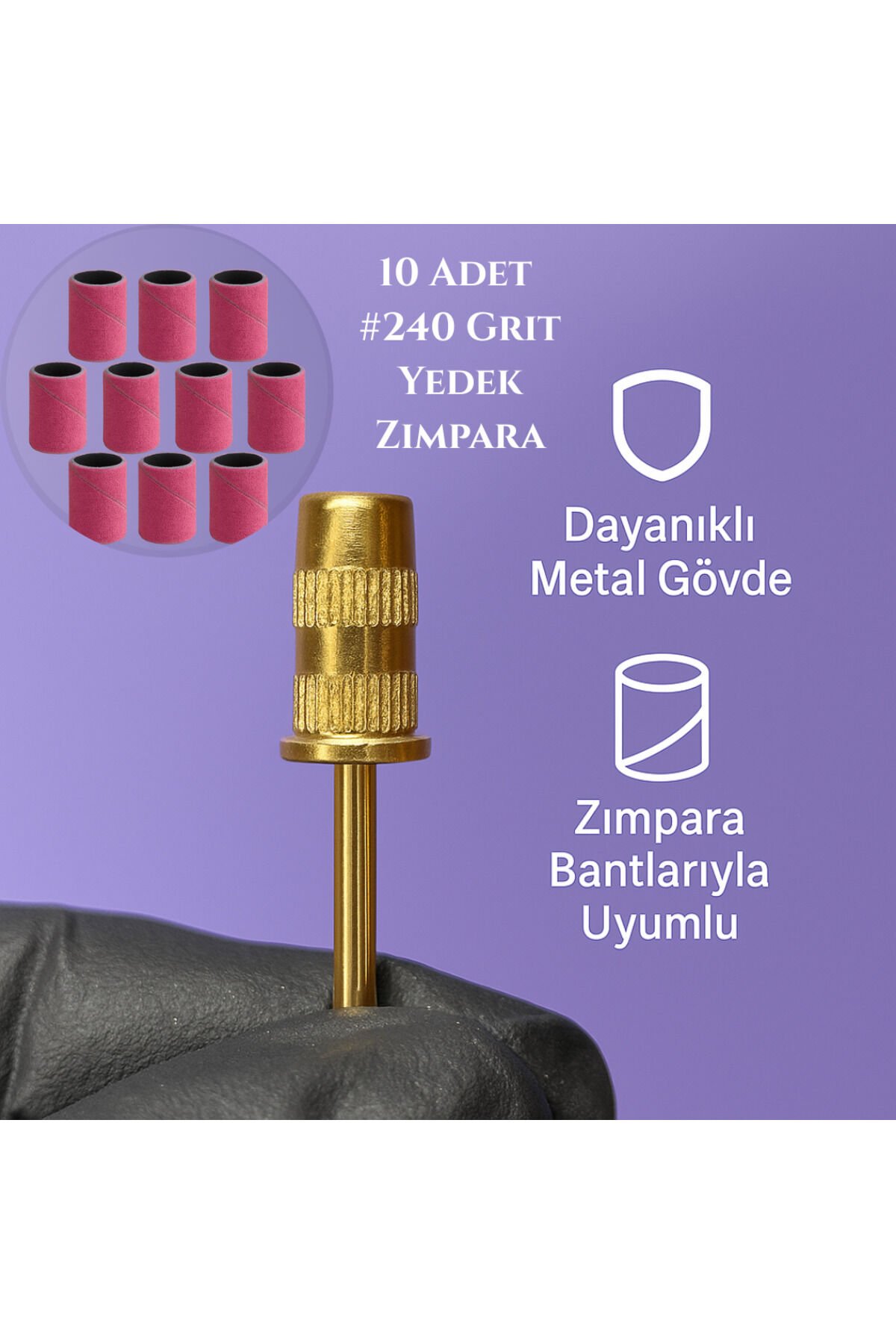 Rulia Gold Zımpara Başlığı + 10lu #240 Grit Yedek Zımpara | Manikür Pedikür Freze Seti