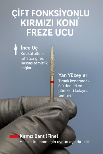 Rulia Çift Fonksiyonlu Kırmızı Koni Freze Ucu Hassas Kütikül ve Yan Temizlik (Fine)