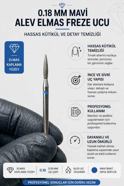 0.18 mm Mavi Alev Elmas Freze Ucu | Kütikül Temizleme ve Detay Manikür Ucu | Profesyonel Nail Drill Bit