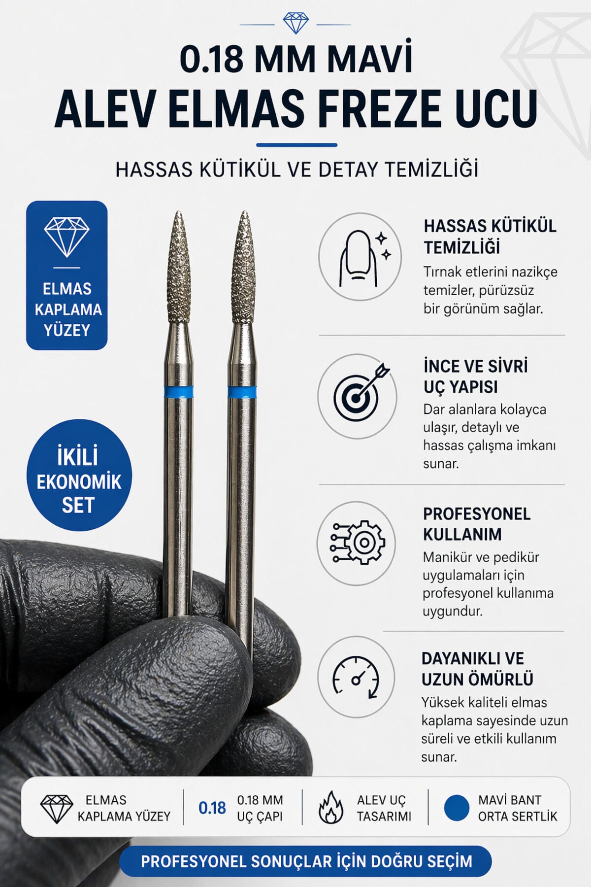 0.18 mm Mavi Alev Elmas Freze Ucu 2li Set Profesyonel Kütikül Temizleme & Manikür Pedikür Ucu (Orta Sertlik)