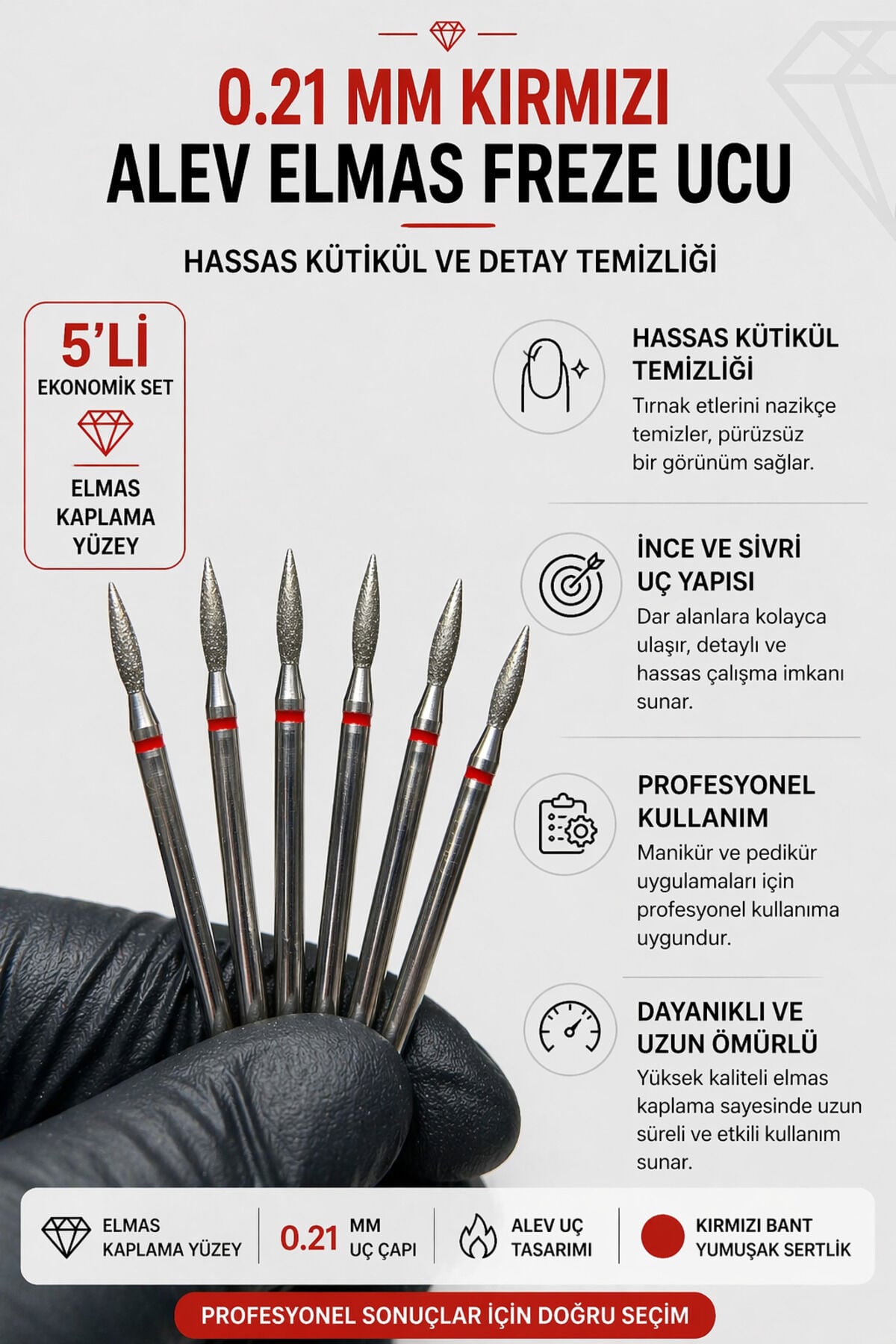 0.21 mm Kırmızı Bant Alev Elmas Freze Ucu 5li Set Profesyonel Kütikül Temizleme ve Manikür Pedikür Ucu