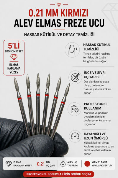 Freze Ucu Seti 5'li 0.21 mm Kırmızı Bant Alev Elmas | Manikür Pedikür Kütikül Ucu