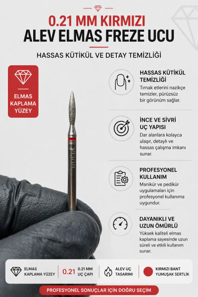 0.21 mm Kırmızı Bant Alev Freze Ucu Elmas Kütikül Temizleme Ucu Profesyonel Manikür Pedikür Freze Başlığı