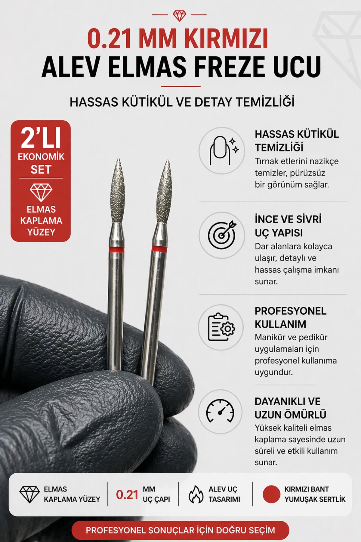 0.21 mm Kırmızı Bant Freze Ucu Alev Elmas 2li Set Manikür Pedikür Kütikül Temizleme Ucu