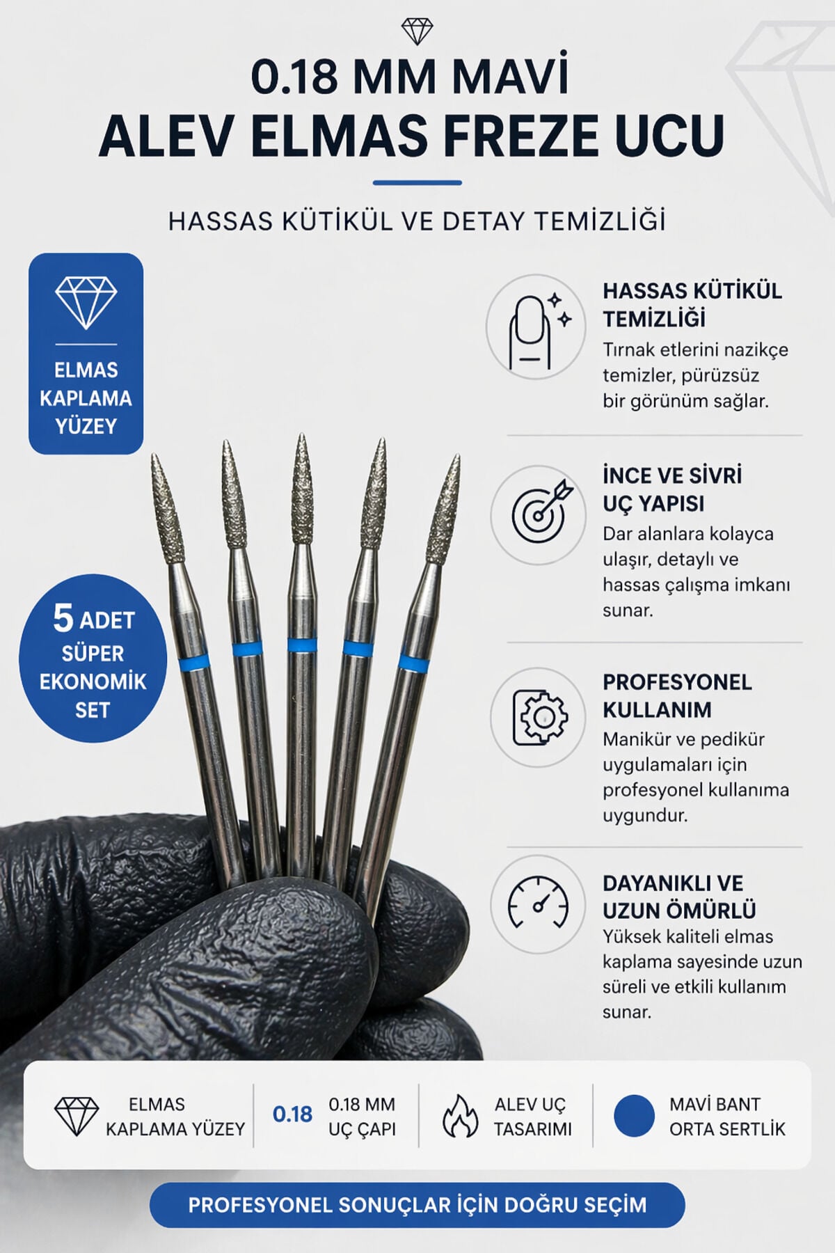 0.18 mm Mavi Alev Elmas Freze Ucu 5li Set Süper Ekonomik Profesyonel Kütikül Temizleme & Manikür Pedikür Ucu (Orta Sertlik)