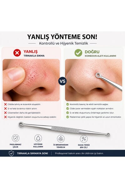 Çift Taraflı Komedon Temizleme Aleti Siyah Nokta Temizleyici Paslanmaz Çelik