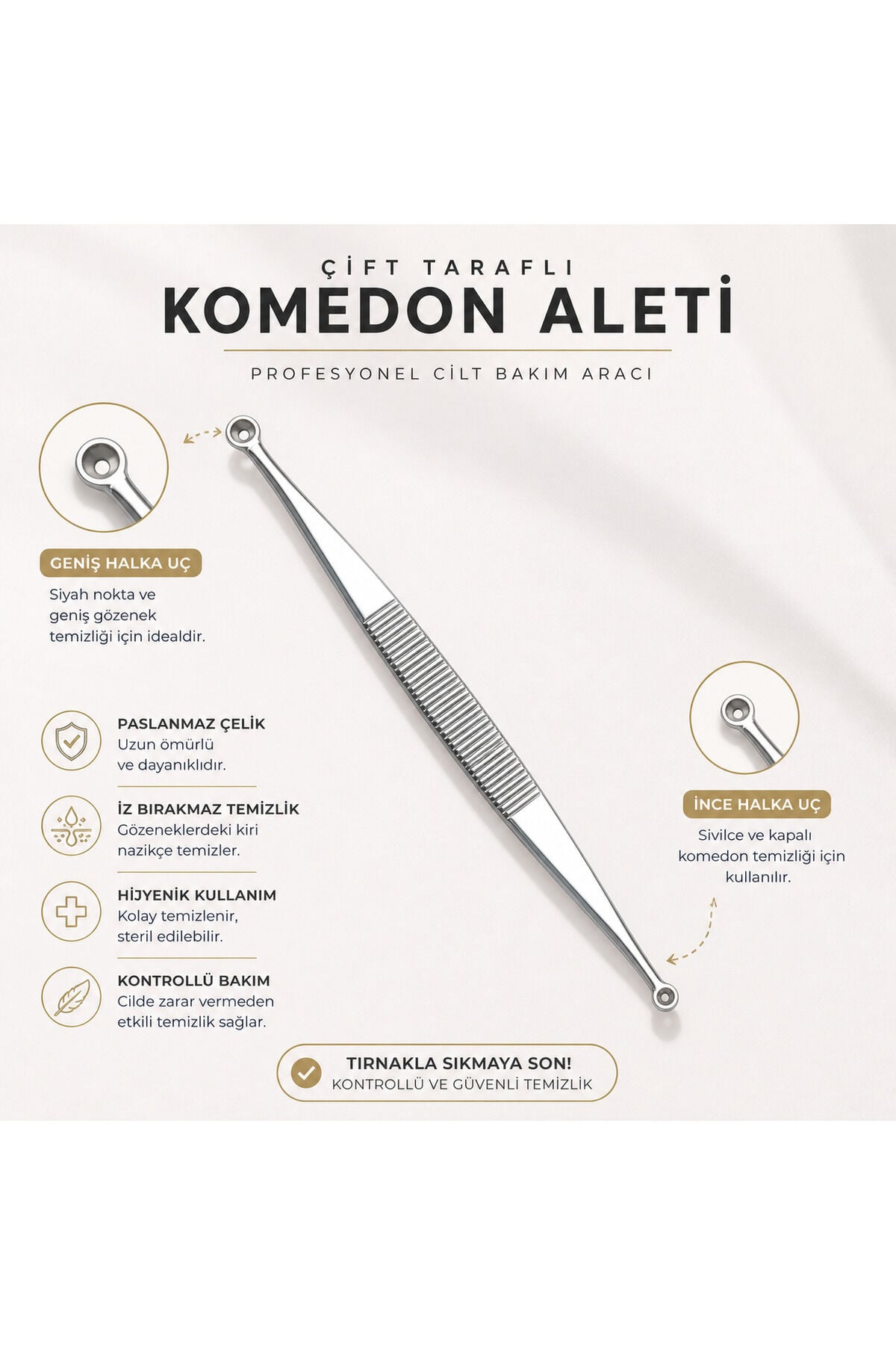 Çift Taraflı Komedon Temizleme Aleti Siyah Nokta Temizleyici Paslanmaz Çelik