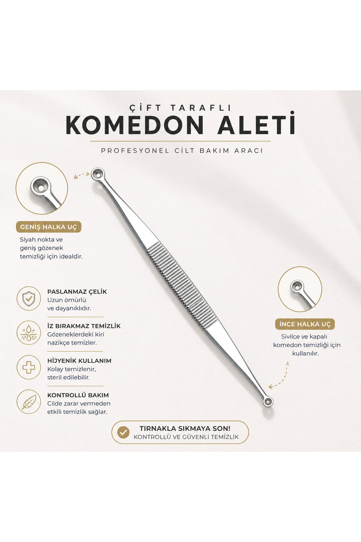 Çift Taraflı Komedon Temizleme Aleti Siyah Nokta Temizleyici Paslanmaz Çelik