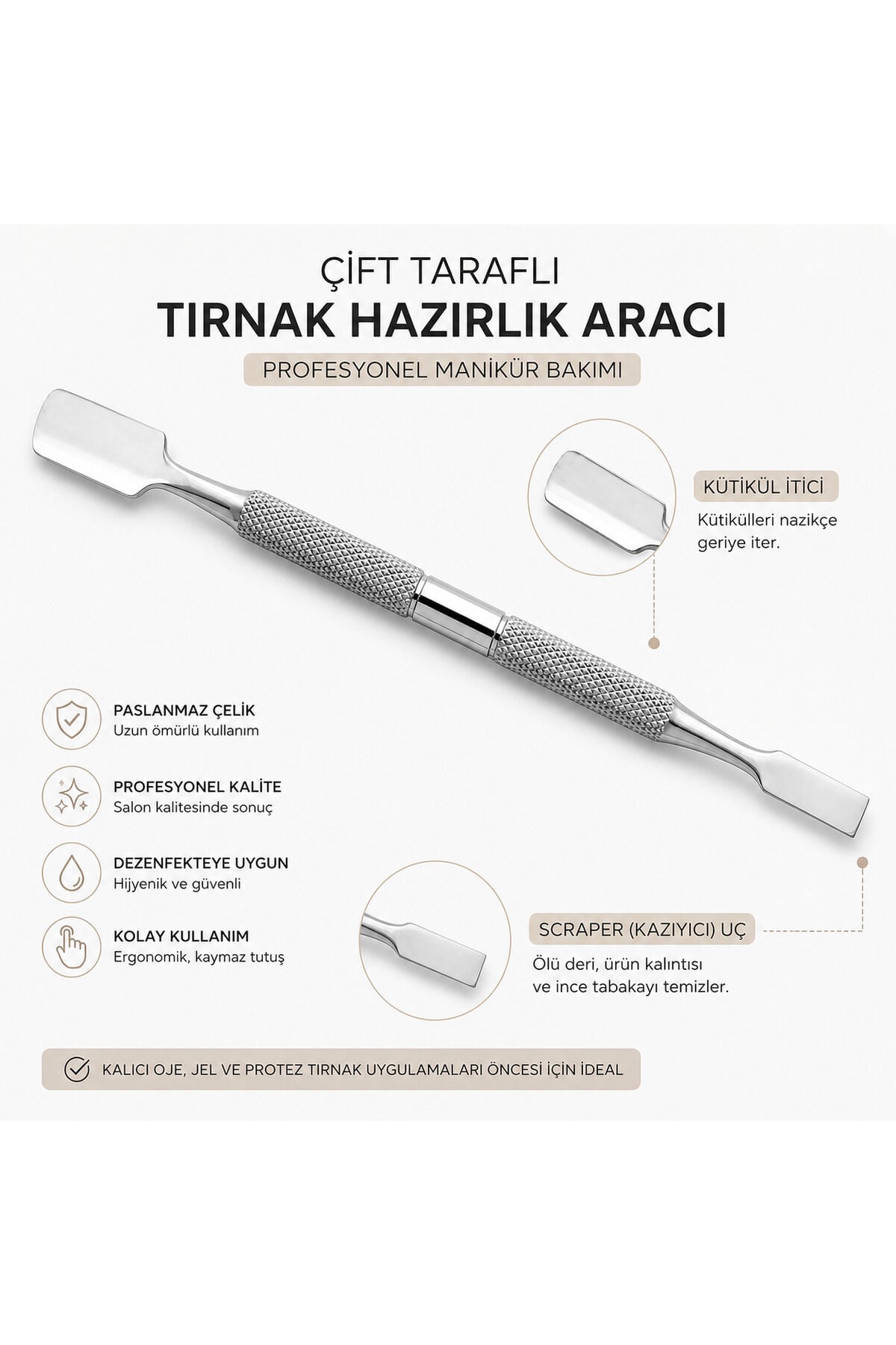 Çift Taraflı Kütikül İtici ve Temizleme Ucu Paslanmaz Çelik Profesyonel Manikür Aleti