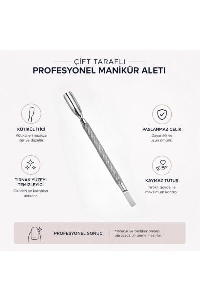 Çift Taraflı Paslanmaz Çelik Ölü Deri Temizleyici ve Kütikül İtici Manikür Aleti