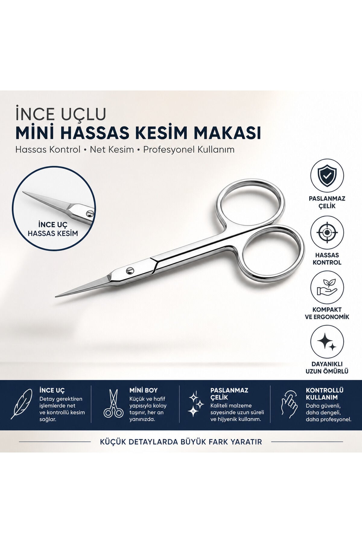 İnce Uçlu Mini Hassas Kesim Makası Paslanmaz Çelik Ergonomik Kontrollü Kullanım