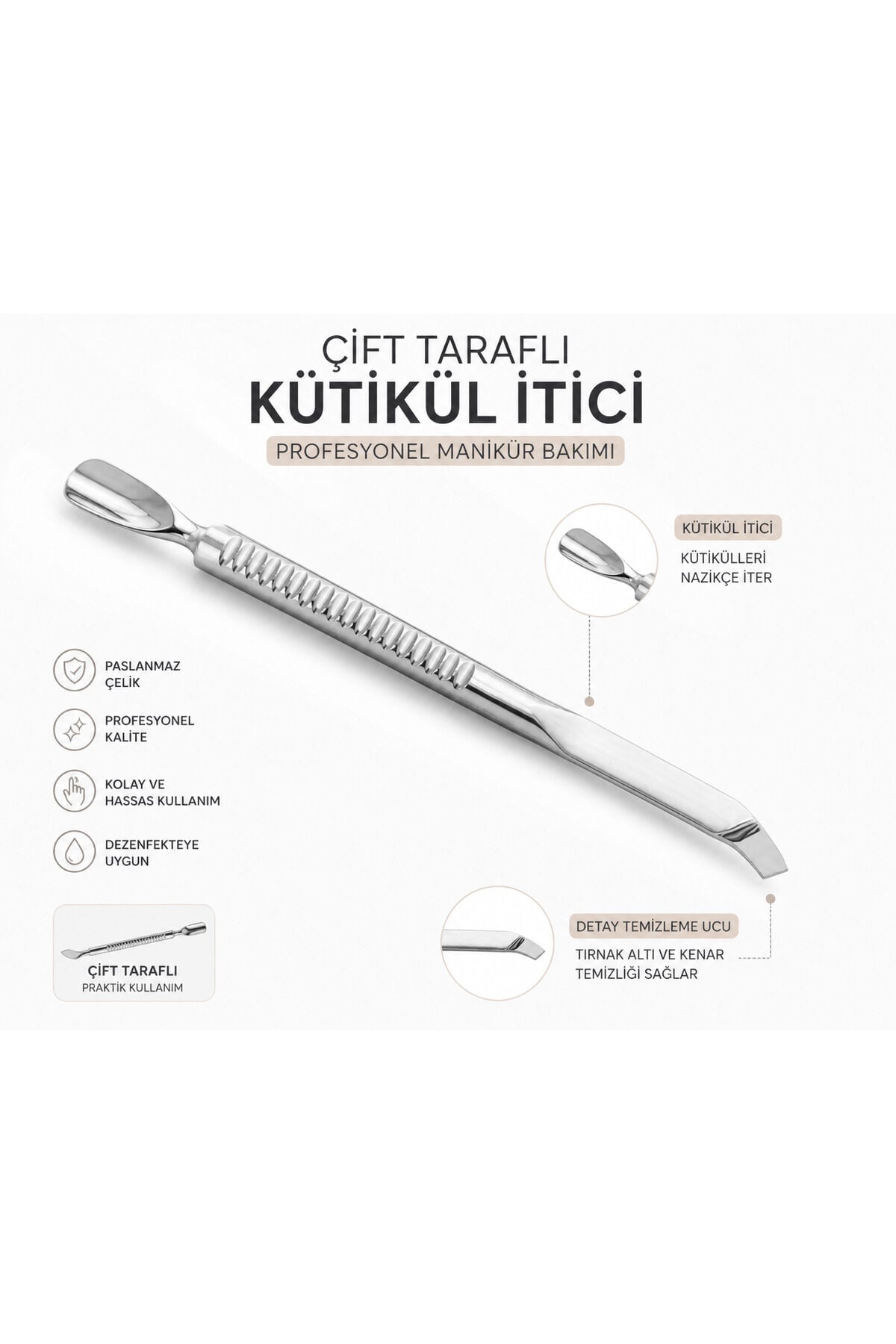Çift Taraflı Kütikül İtici Tırnak Altı Temizleme Uçlu Paslanmaz Çelik Profesyonel Manikür