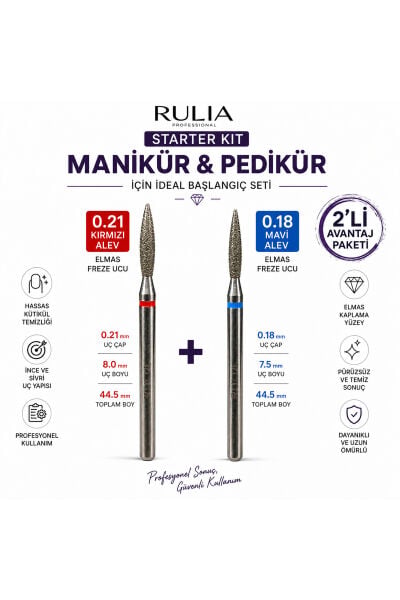 Kuru Manikür Başlangıç Seti 0.18 Mavi + 0.21 Kırmızı Alev Freze Ucu Seti